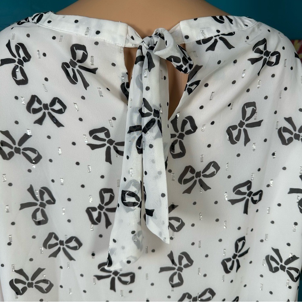Talbots Blouse Plus Size Women's XL Sheer Long Sleeve Black White Bow Print - Picture 9 of 10